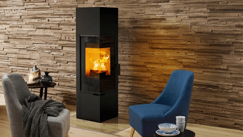 A Bioethanol fireplace in a large living room against a modern brick wall
