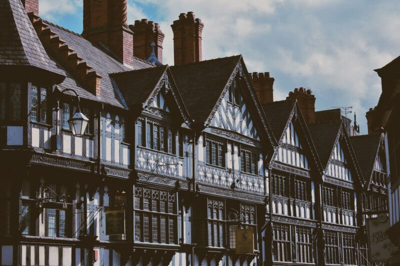 Living in Chester - St. Werburgh Street. Tudor buildings in black and white