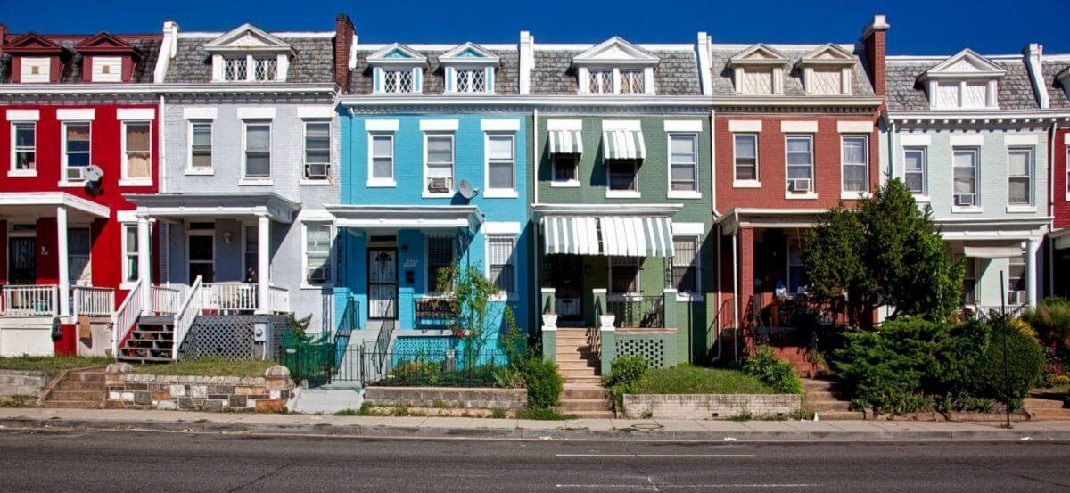 A row of colourful terraced houses
