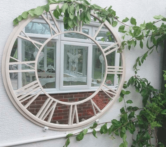 Large white clock mirror for the garden