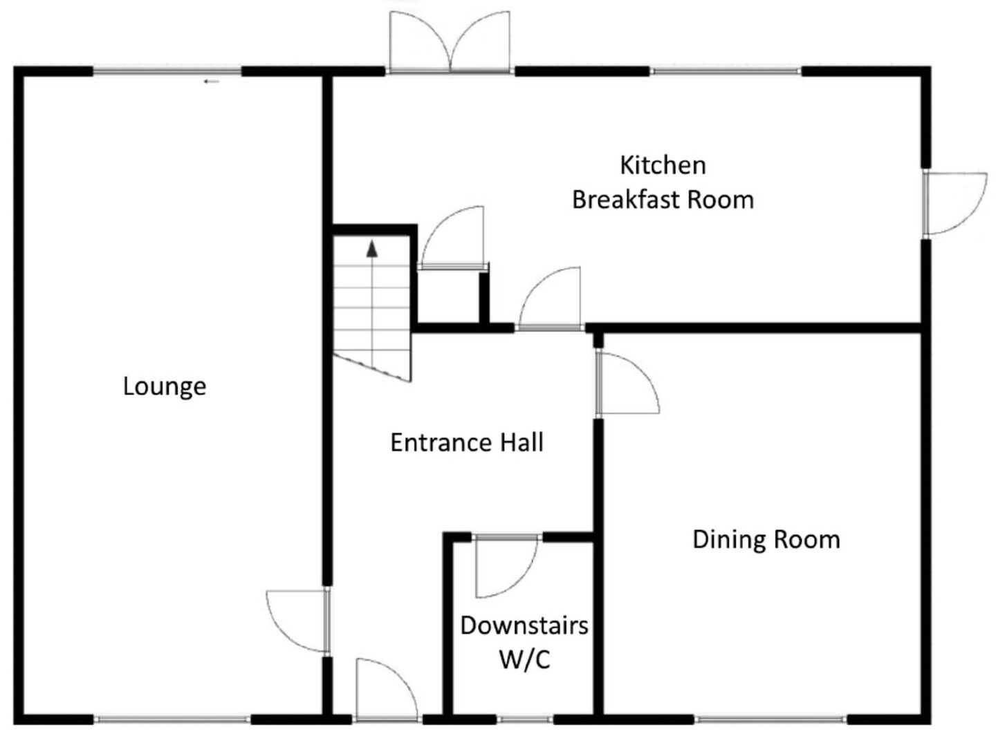 Floorplan showing an entrance hall with downstairs toilet off it, as well as a dining room, lounge and kitchen