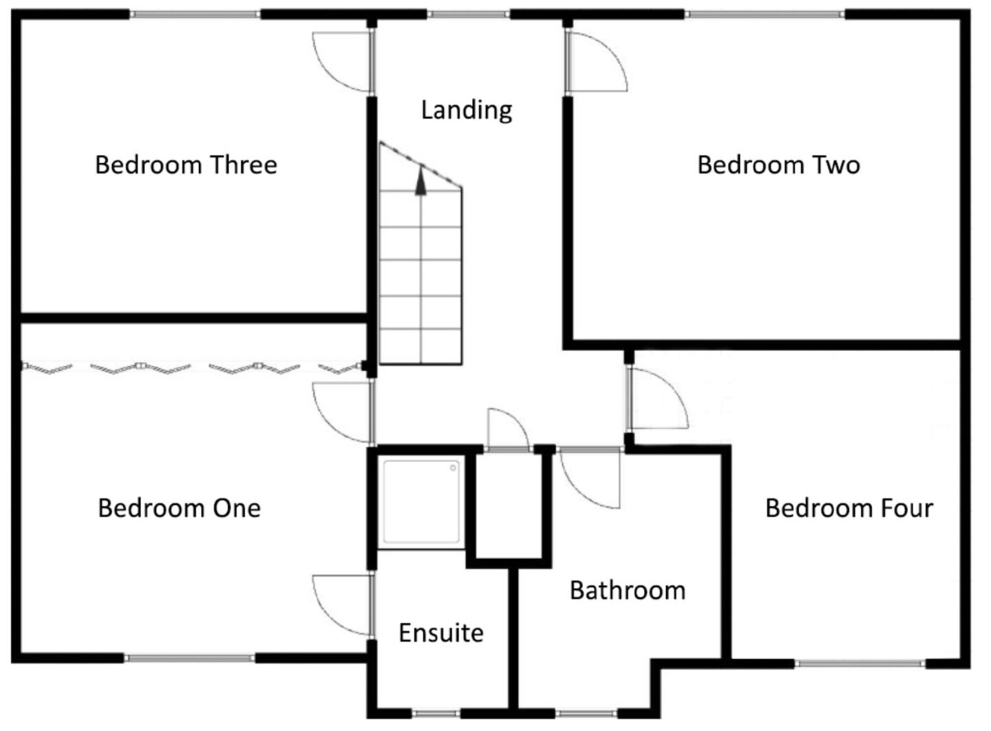 Floorplan showing 4 upstairs bedrooms, one with an en-suite and a family bathroom