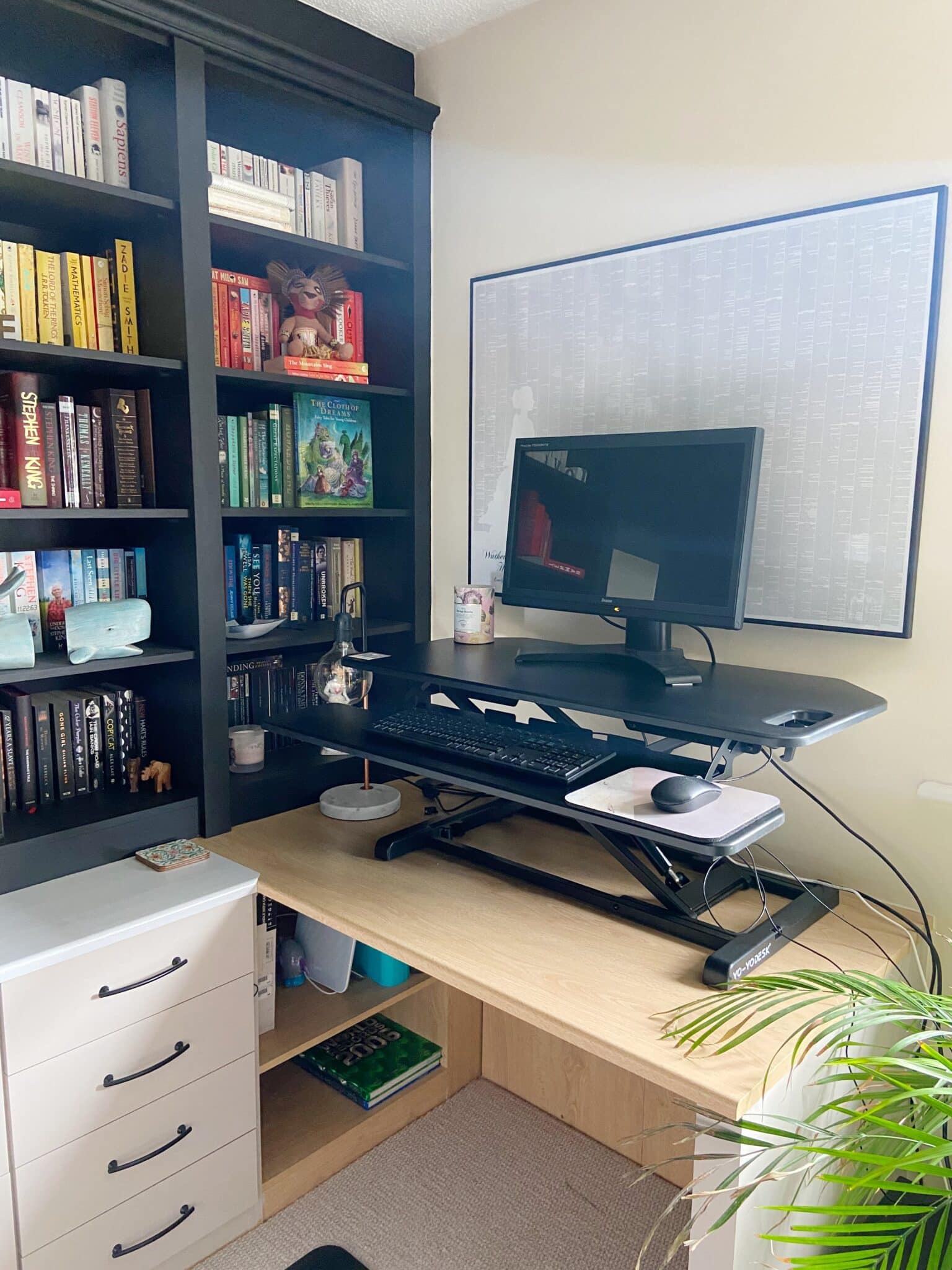 A standing desk in a home office with black bookcases