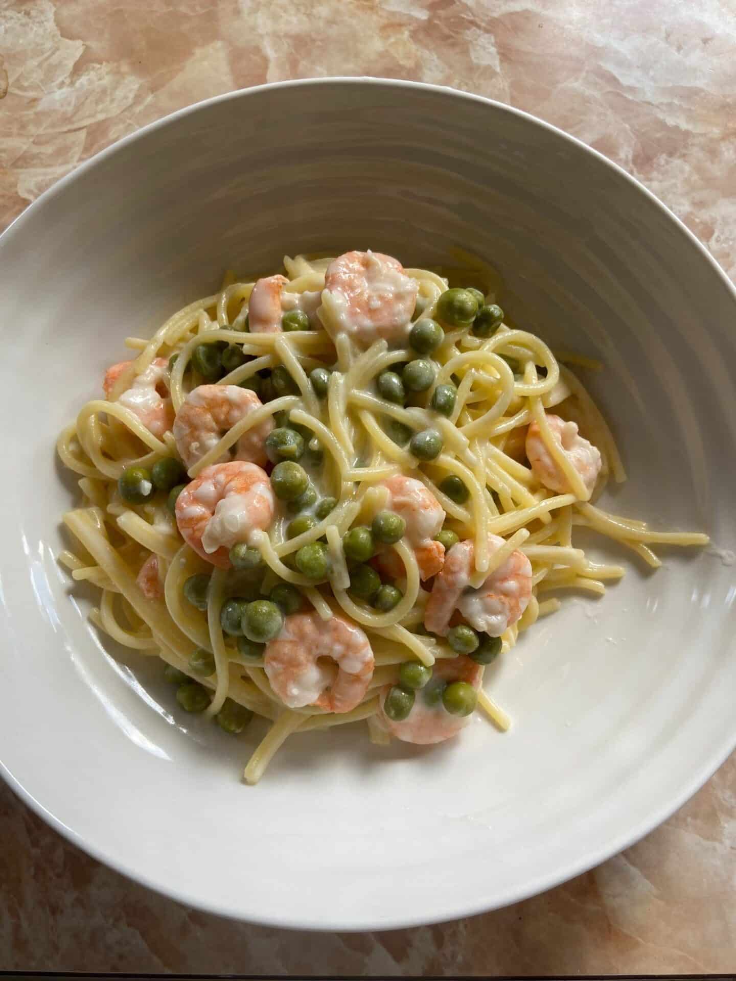 Creamy prawn linguine on a plate