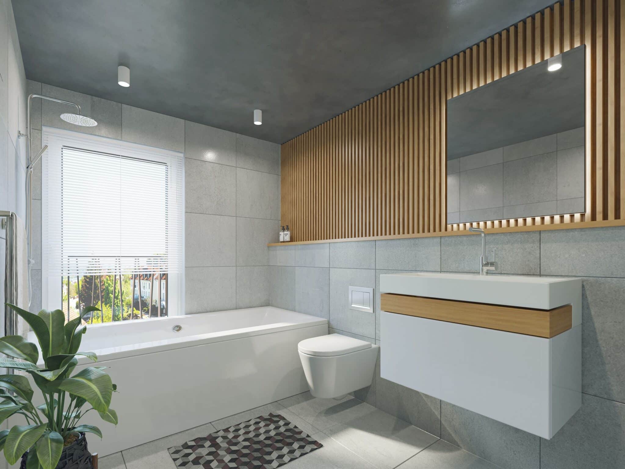 Beautiful contemporary bathroom with wooden slats behind the mirror