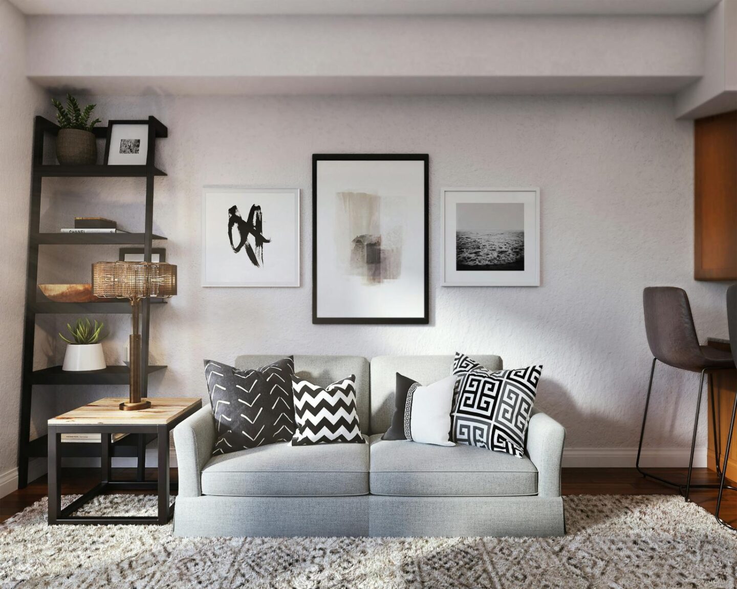 A living room with a large ladder shelf in the corner