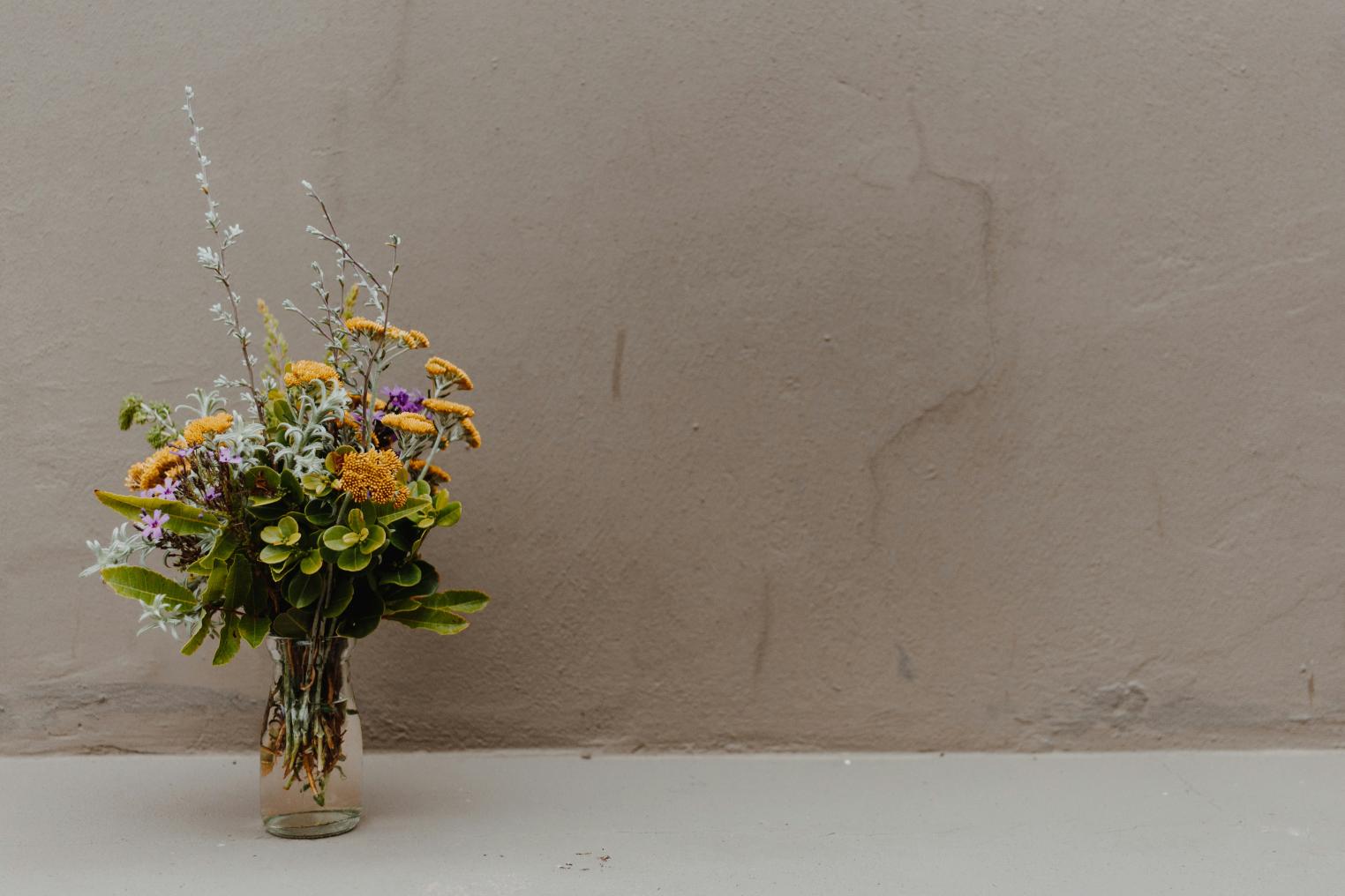 Yellow flowers in a vase against a lime washed wall