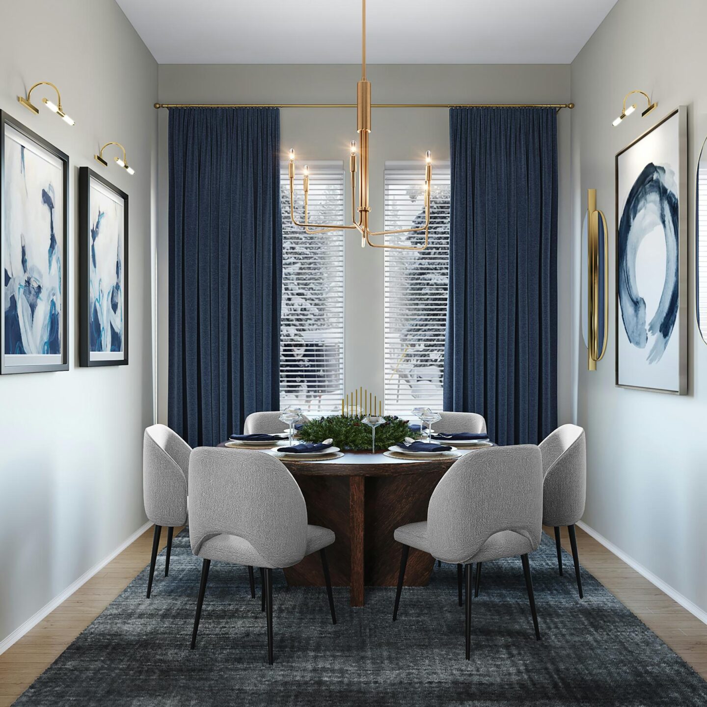 A round dining table in a luxury space with blue wall art