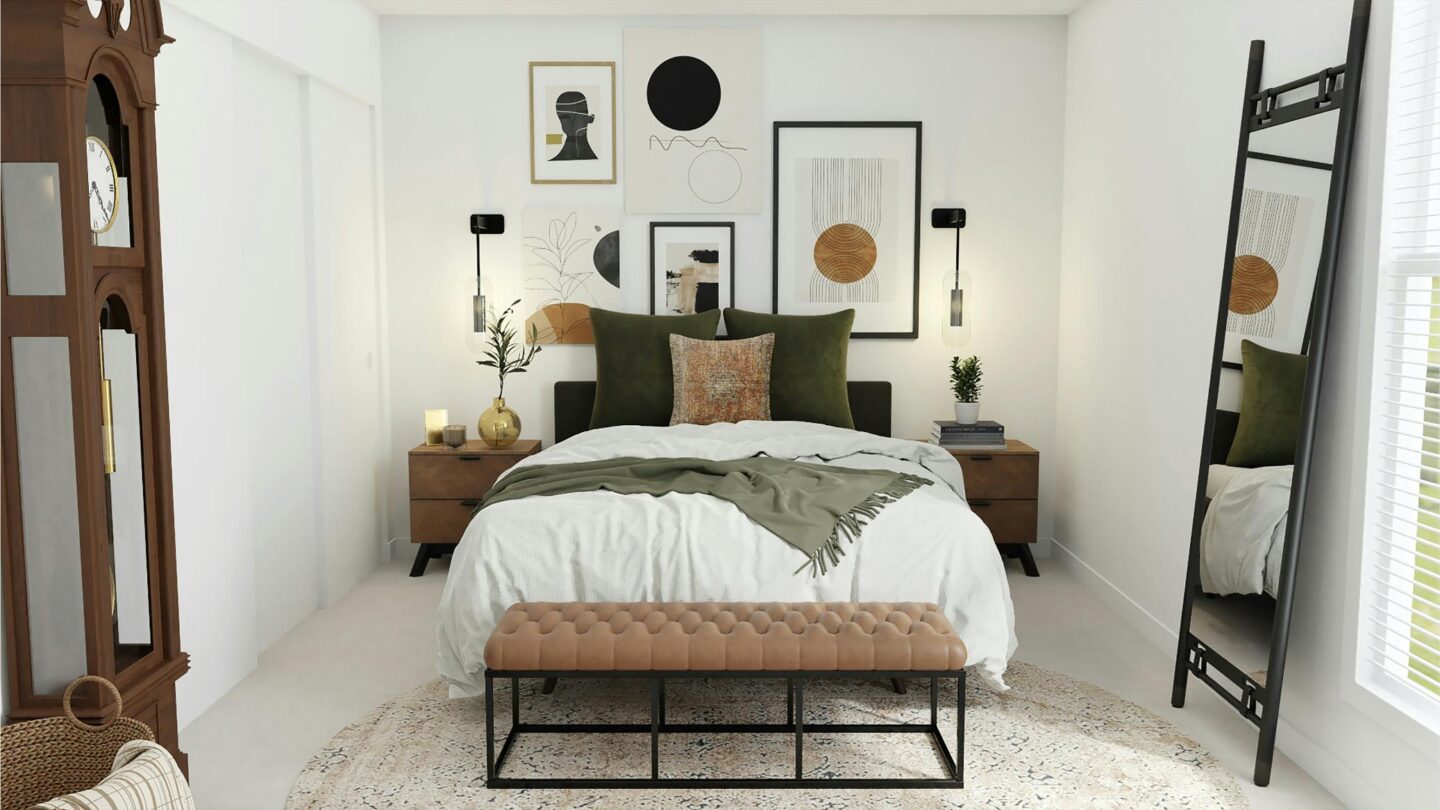 Bedroom with a gallery wall above the headboard with some circular shapes