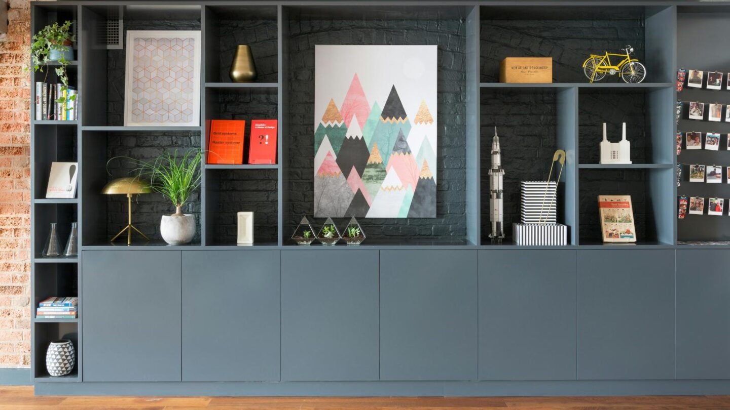 Beautiful built-in cabinets with books and ornaments