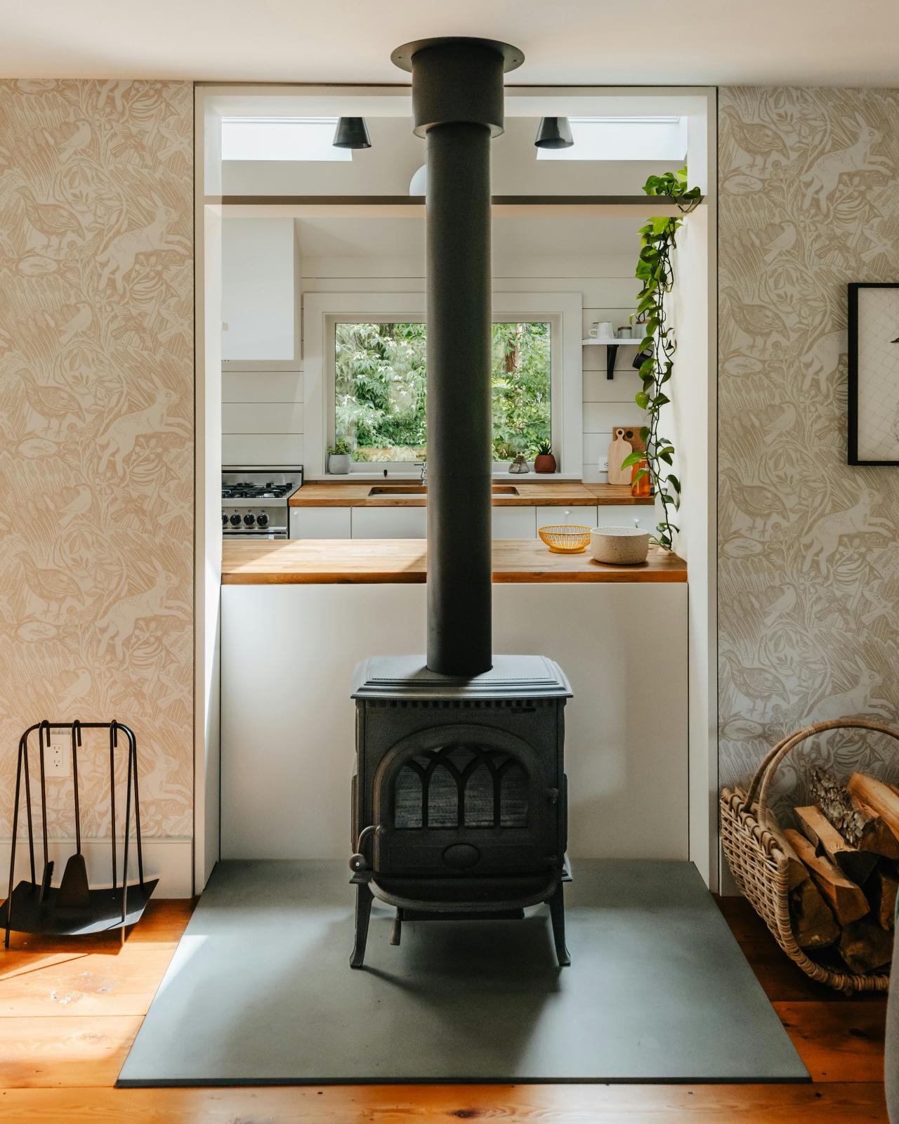 Modern log burner stove on a slate hearth