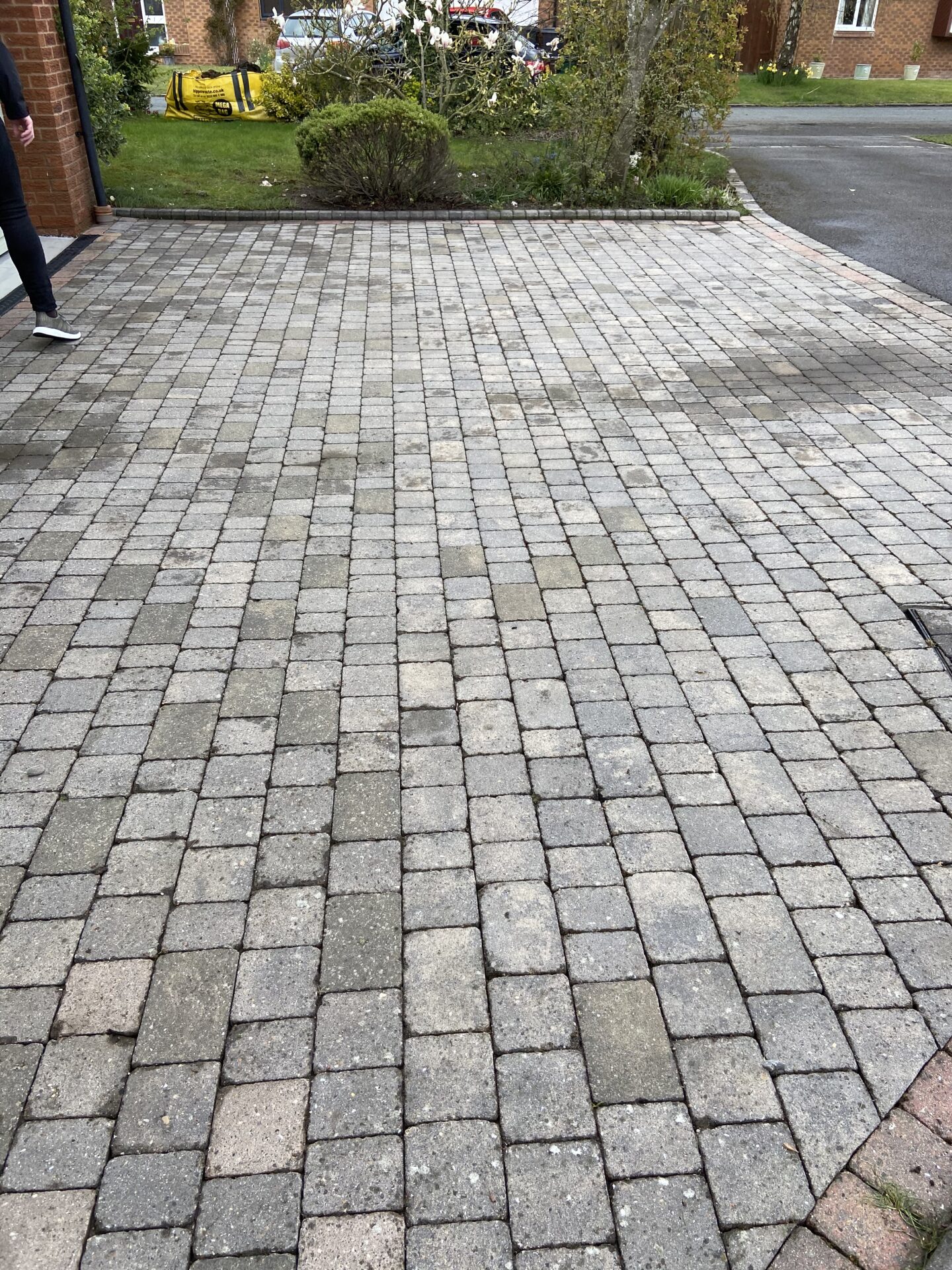 After our driveway was cleaned, so now you can see the grey and pink bricks
